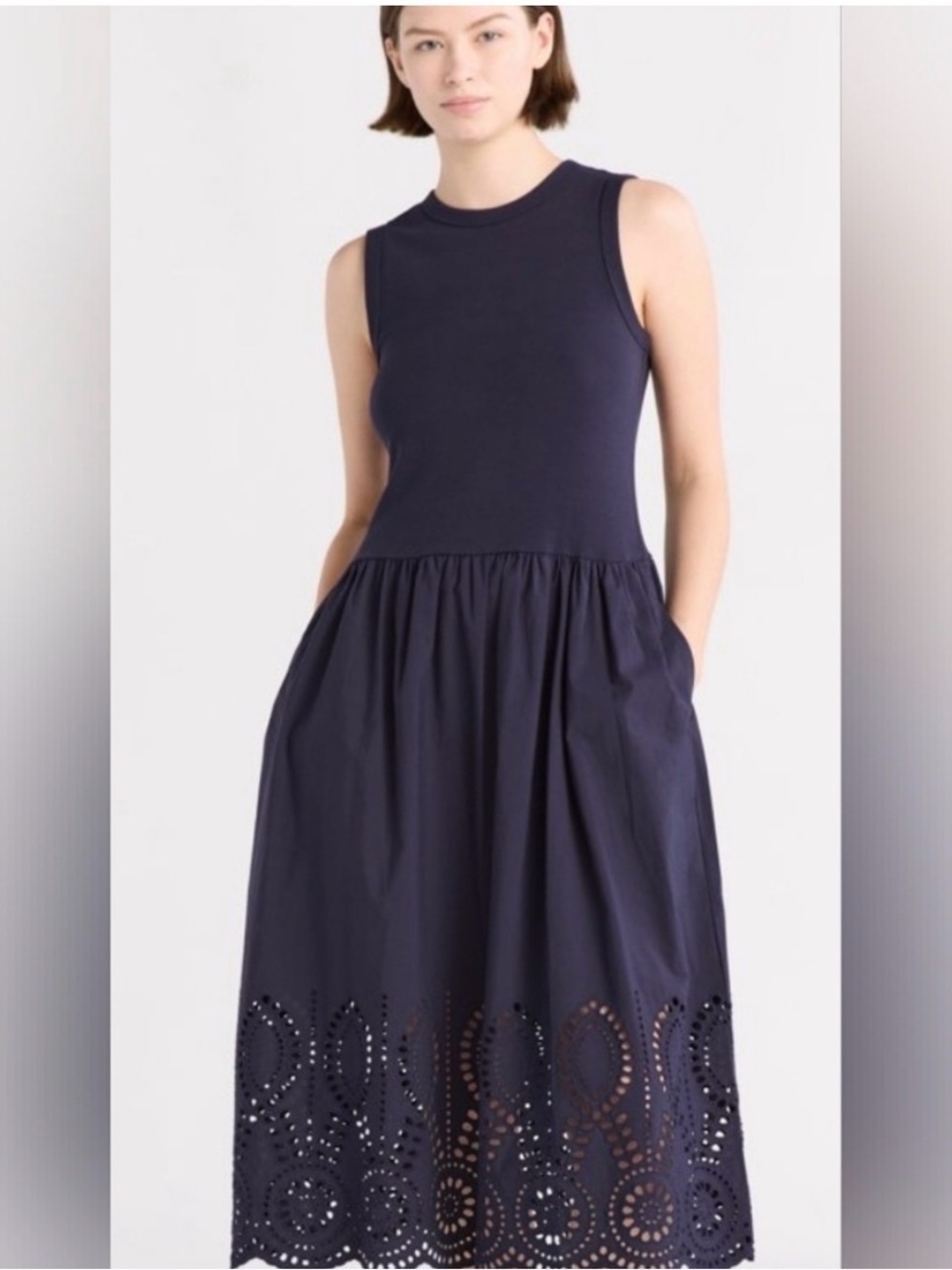 Free Assembly Navy Eyelet Sleeveless Crewneck Dress Pockets Small